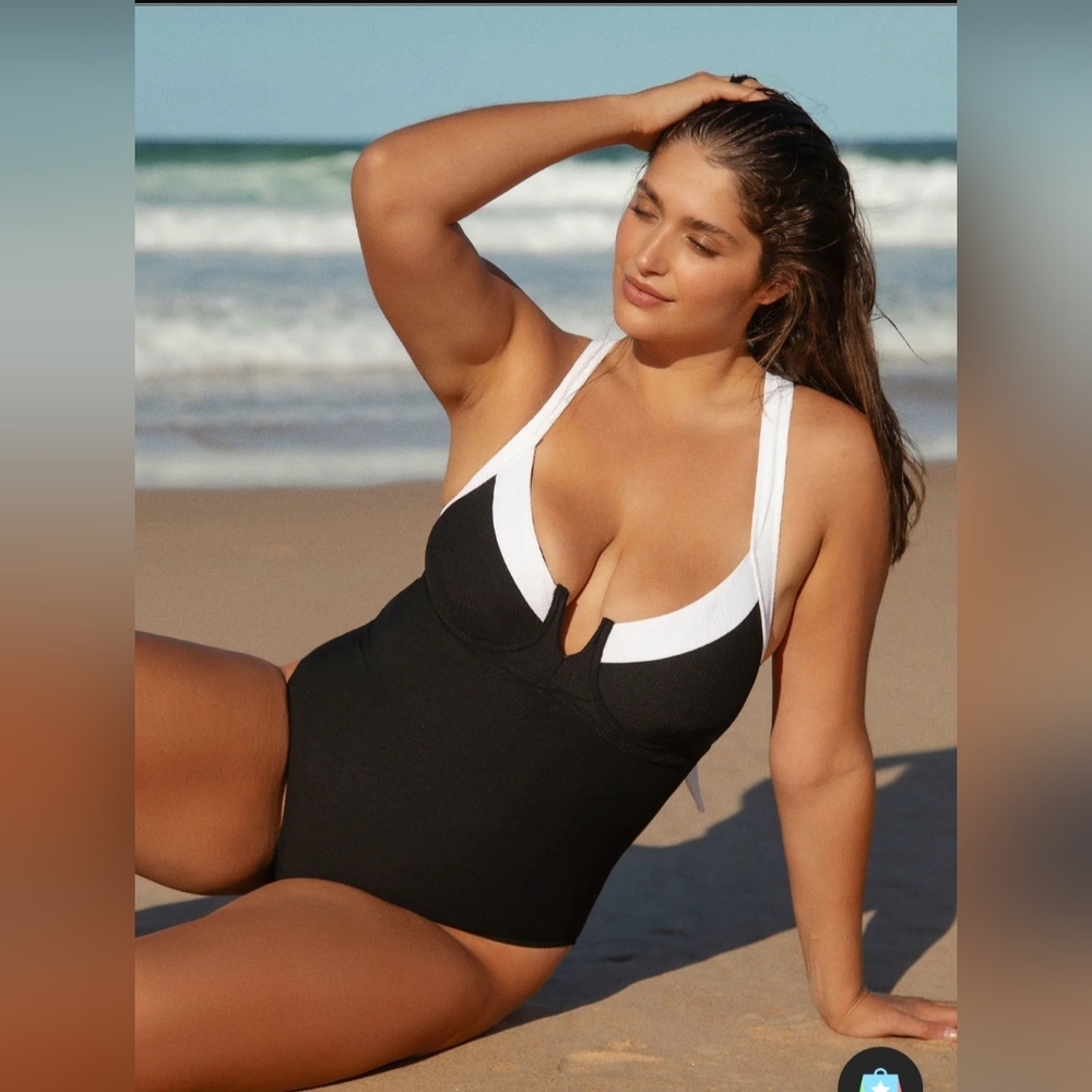 NWT Berlook Contrast Trim Tie Back One Piece Swimsuit, Size 20